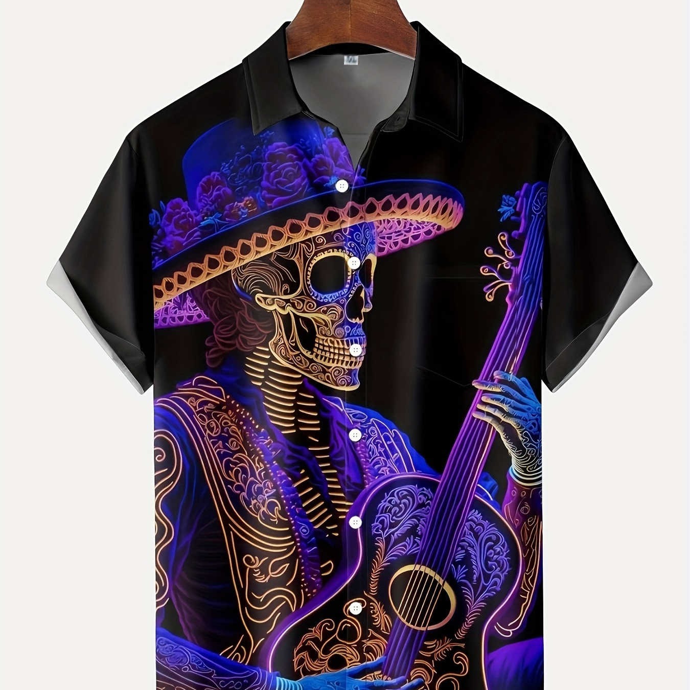 

Men' Skull Guitar Print Short Sleeve Shirt With Chest Pocket - Polyester, Machine Washable