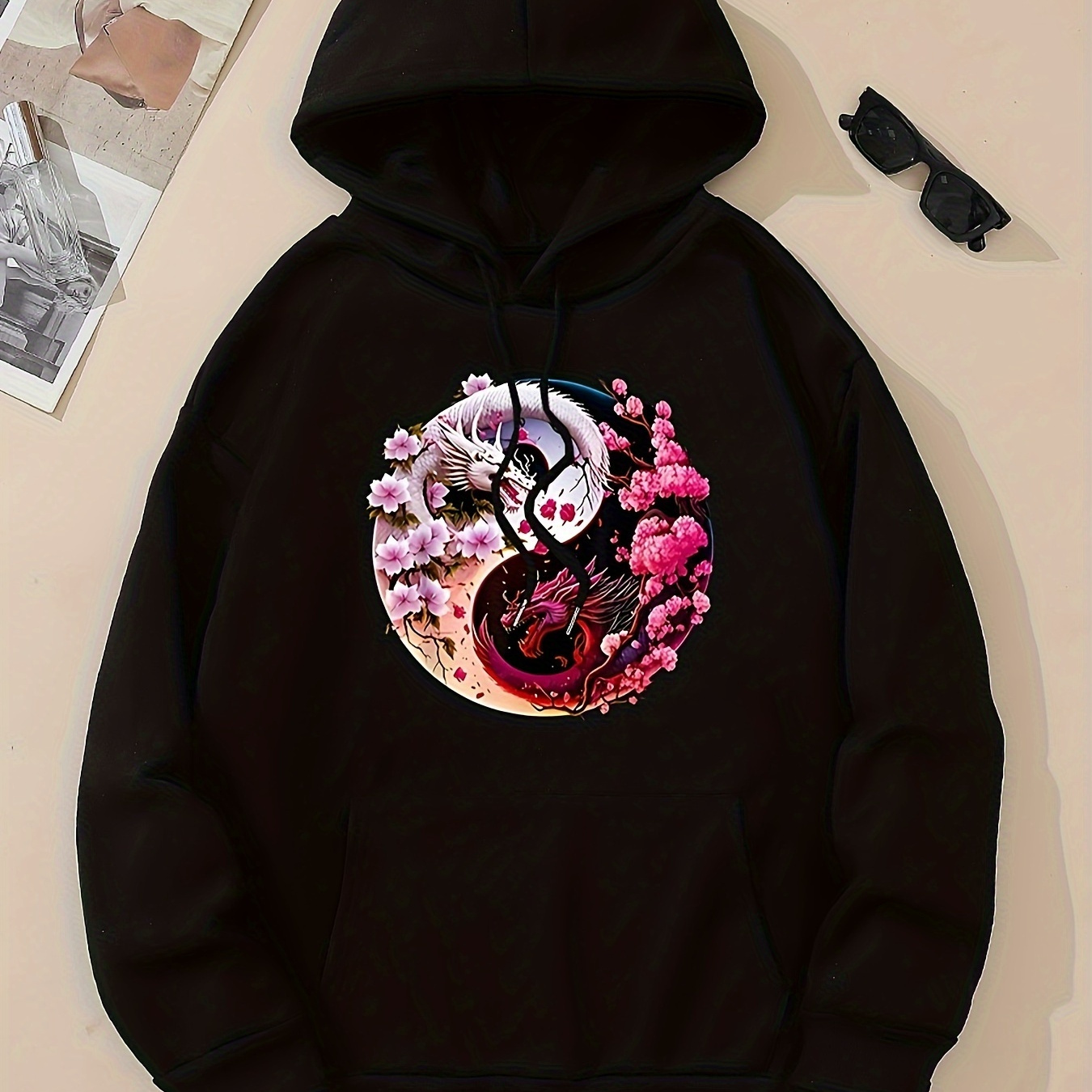 

Women's Casual Hoodie With Dragon Print, Polyester Knit Fabric, Hooded Sweatshirt With Pocket, Animal Pattern, Fall/winter Collection