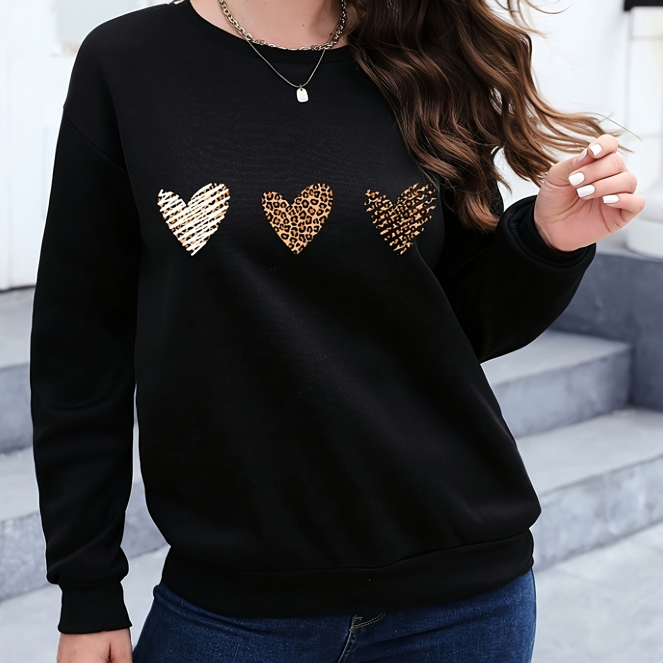 

Sweatshirt Décontracté à Imprimé Cœur de , Col Rond, et Hiver