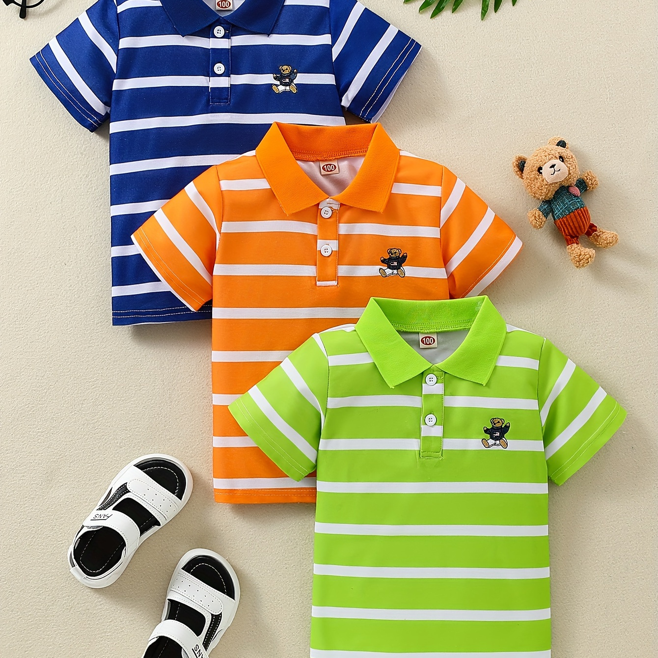 

3-pack Boys Casual Cartoon Bear Embroidered Striped Short Sleeve Lapel Top, Lightweight And Comfortable Lapel Shirt, Boys Summer Clothing