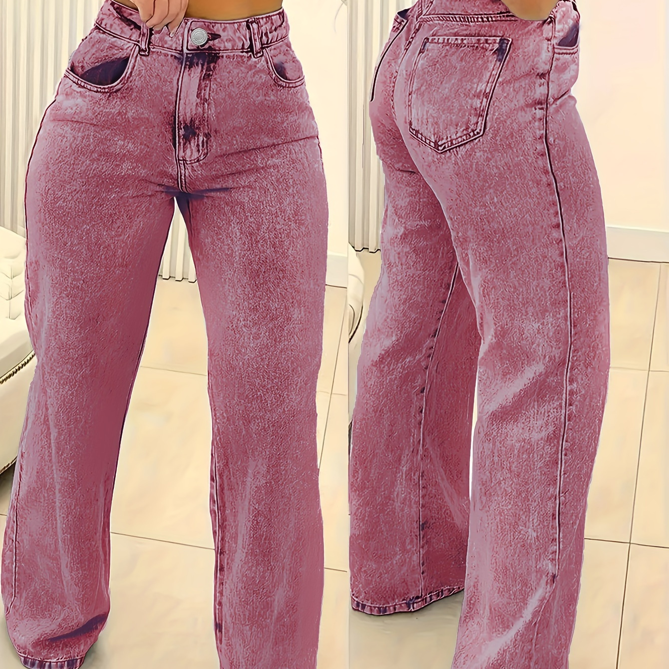 

Jeans en Denim Chic à Motif pour Femmes - Taille Haute, Jambe Large, Non Extensible, Lavable en Machine