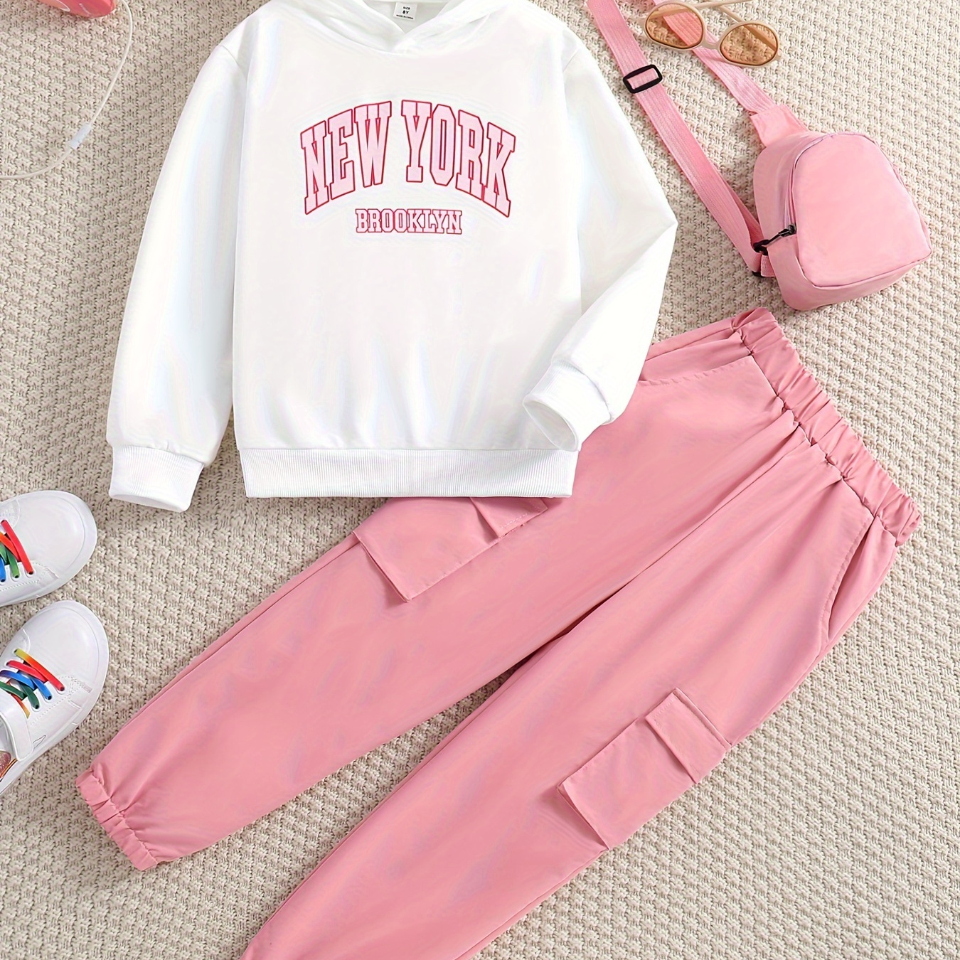 

Girls Sporty 2pcs Letter Print Hoodie Sweatshirt & Cargo Pants Set For Street Outdoor