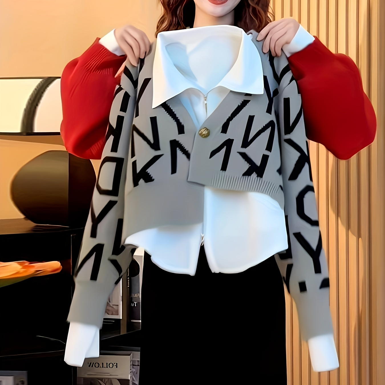 

Elegant Letter Print Knit Cardigan For Women - Chic Design, Button-up, Long Sleeve - Fall/winter