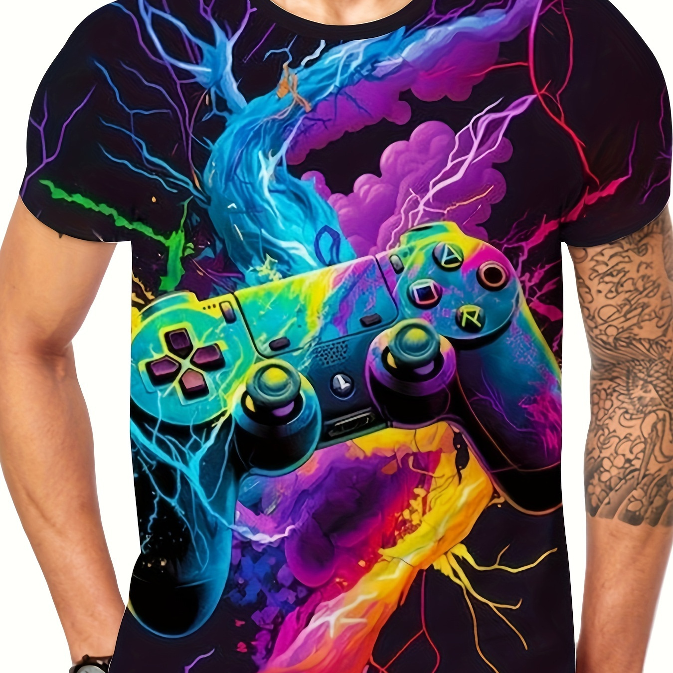 

Gamepad Print, Men's Graphic Design Crew Neck Active T-shirt, Casual Comfy Tees Tshirts For Summer, Men's Clothing Tops For Daily Gym Workout Running