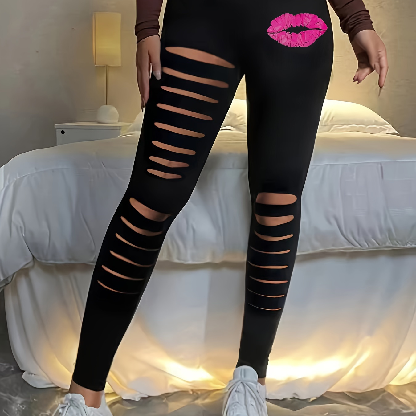 Plus Size Casual Leggings Women's Plus Kiss Print Ripped - Temu