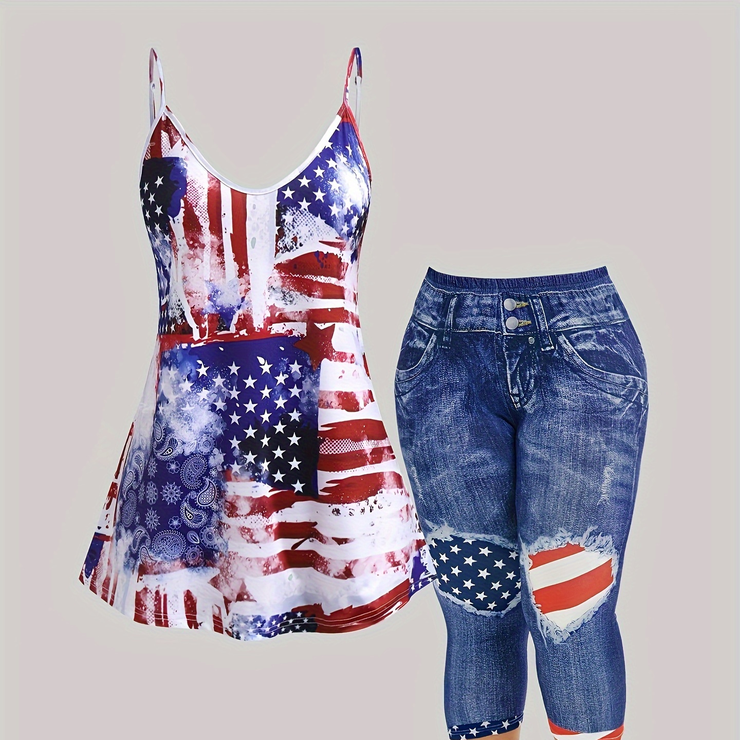 

Casual American Flag Print Two-piece Set, Scoop Neck Sleeveless Strap Flare Top & Skinny Capri Leggings Outfits, Women's Clothing