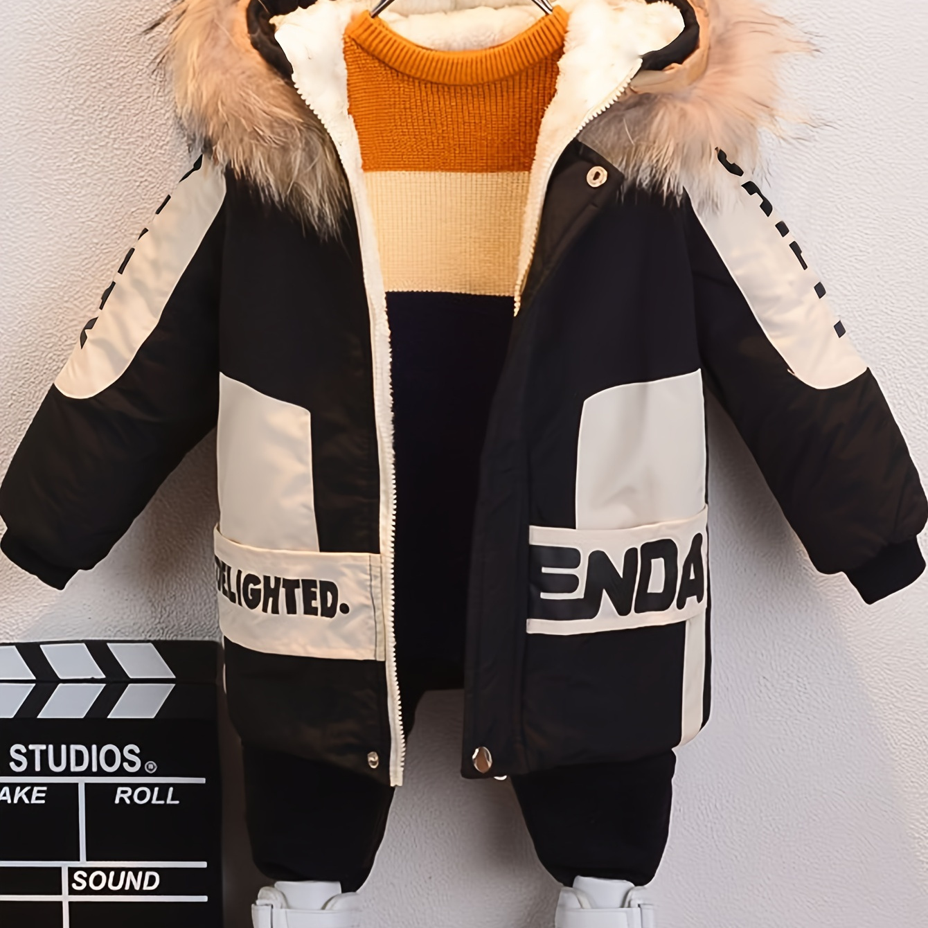 

Boys Color Block Letter Printed Hooded Padded Jacket With Fur Collar, Warm Clothes For Fall Winter