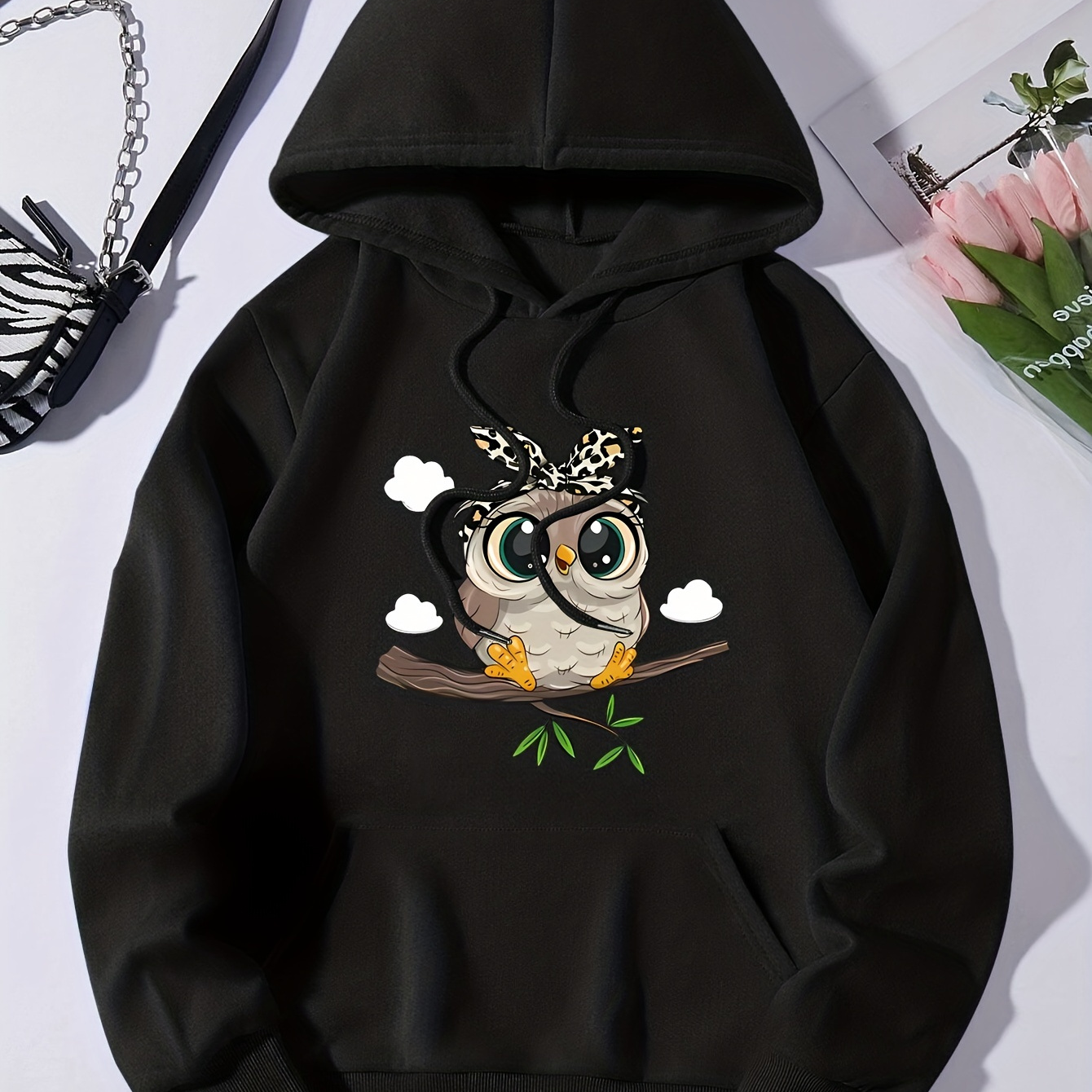 

Cute Cartoon Owl Print Hoodie, Casual Pocket Long Sleeve Drawstring Hoodies Sweatshirt, Women's Clothing