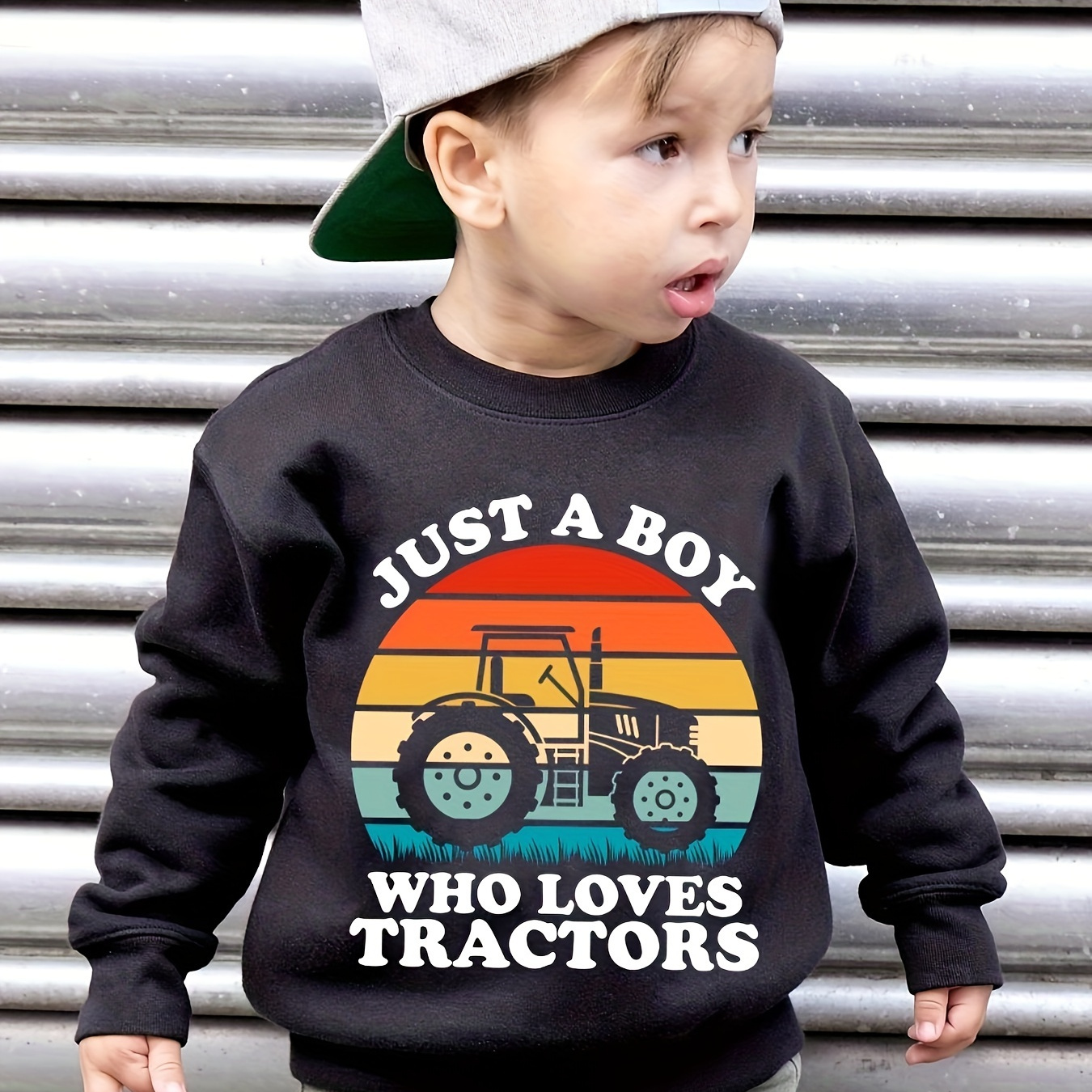 

Just A Boy Who Loves Tractors Letter Graphic Print Boys Warm Fleece Sweatshirt: Thick And Cozy Top For Spring Fall Winter Season