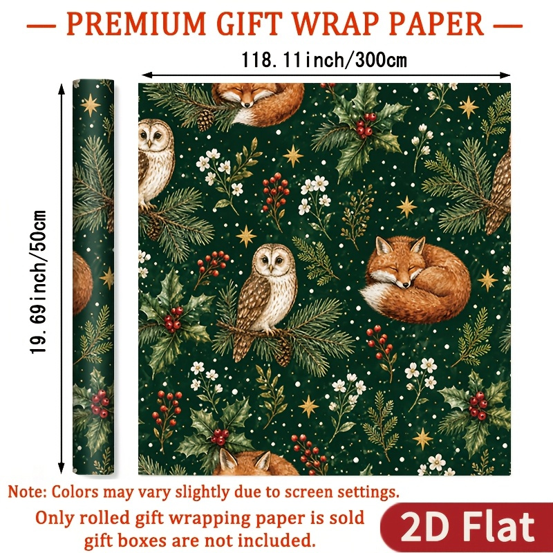 TEMU 1 Suitable For Forest-themed Wrapping Paper - Dark , Owl, Holly & Berries Patterns, Vintage Wrap Suitable For Holiday Gifts, Diy Crafts, Gift