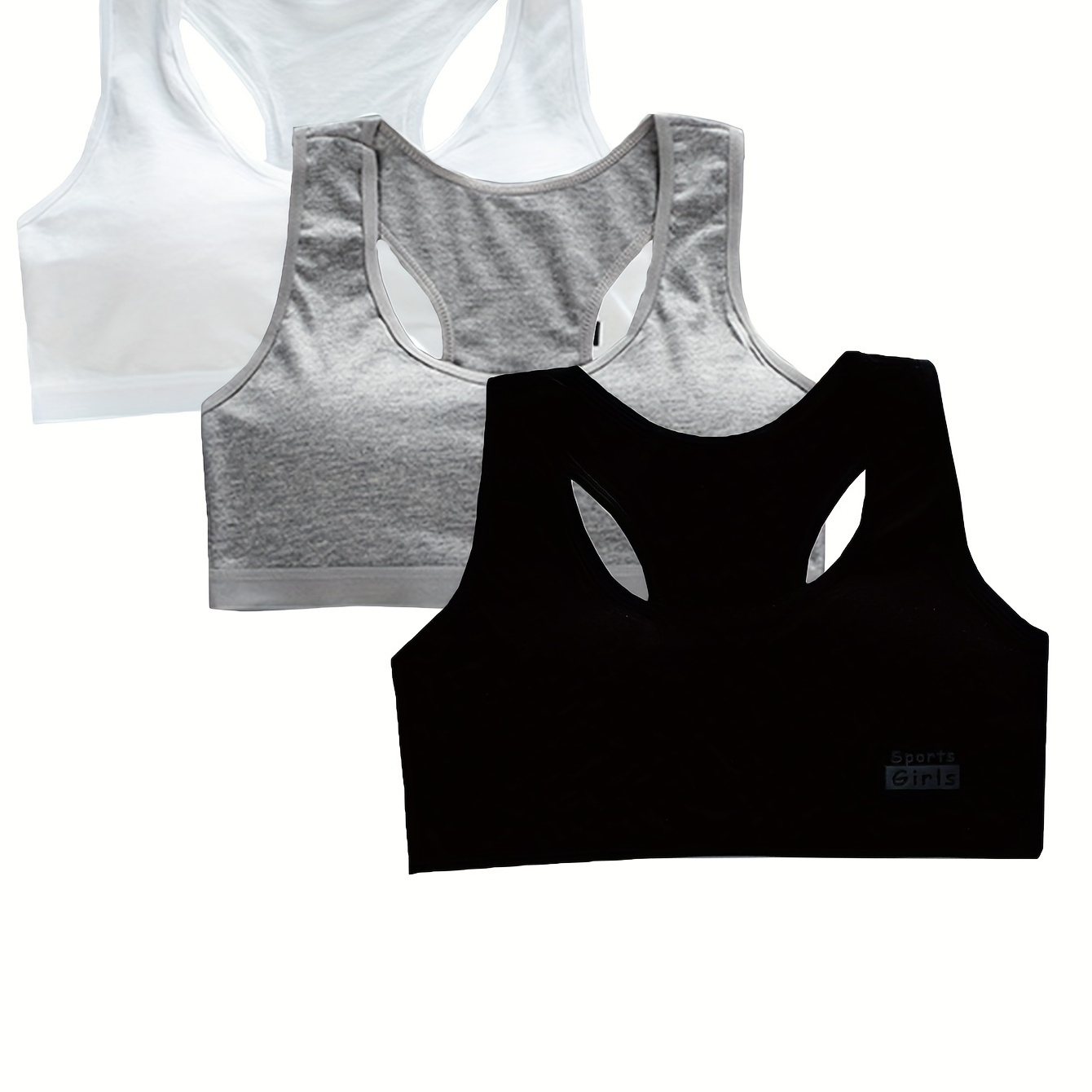 

3pcs Girls Cotton Sports Bras, Basic Style Vest Training Bras For Young Teens 10-15 Years, Comfortable Stretch Tank Top