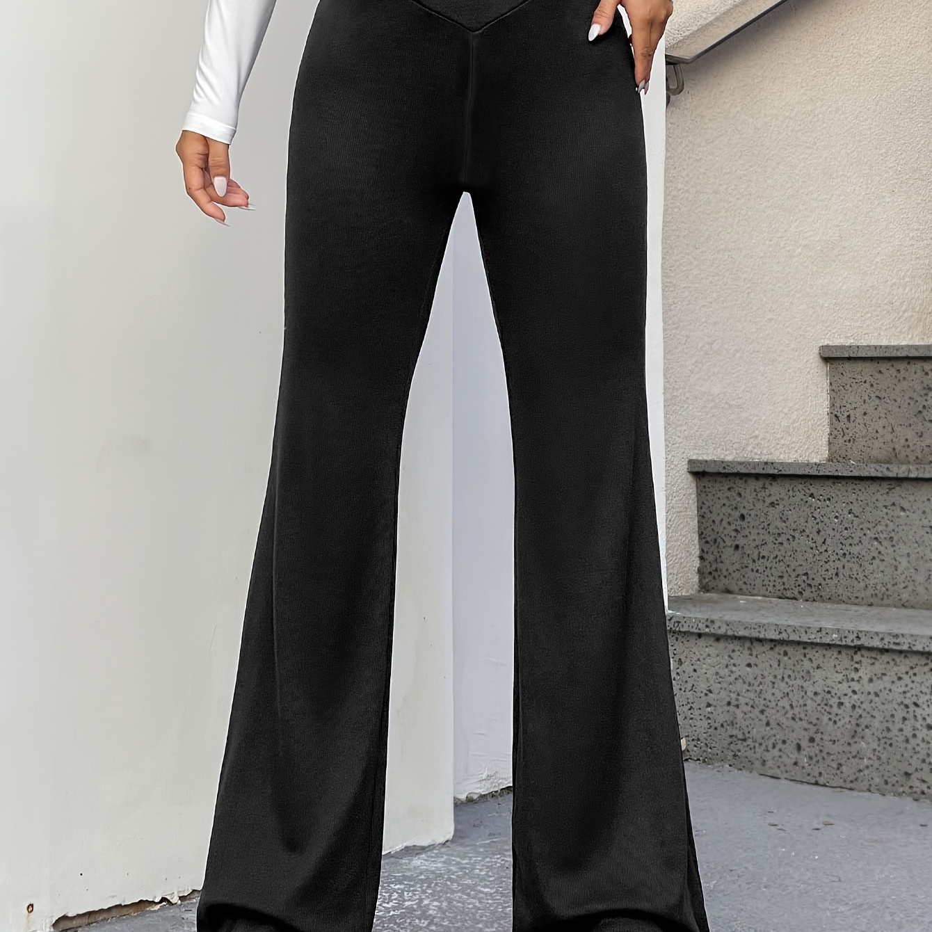 

Solid Flare Leg Pants, Casual Slim Cross Waist Pants For All Season, Women's Clothing