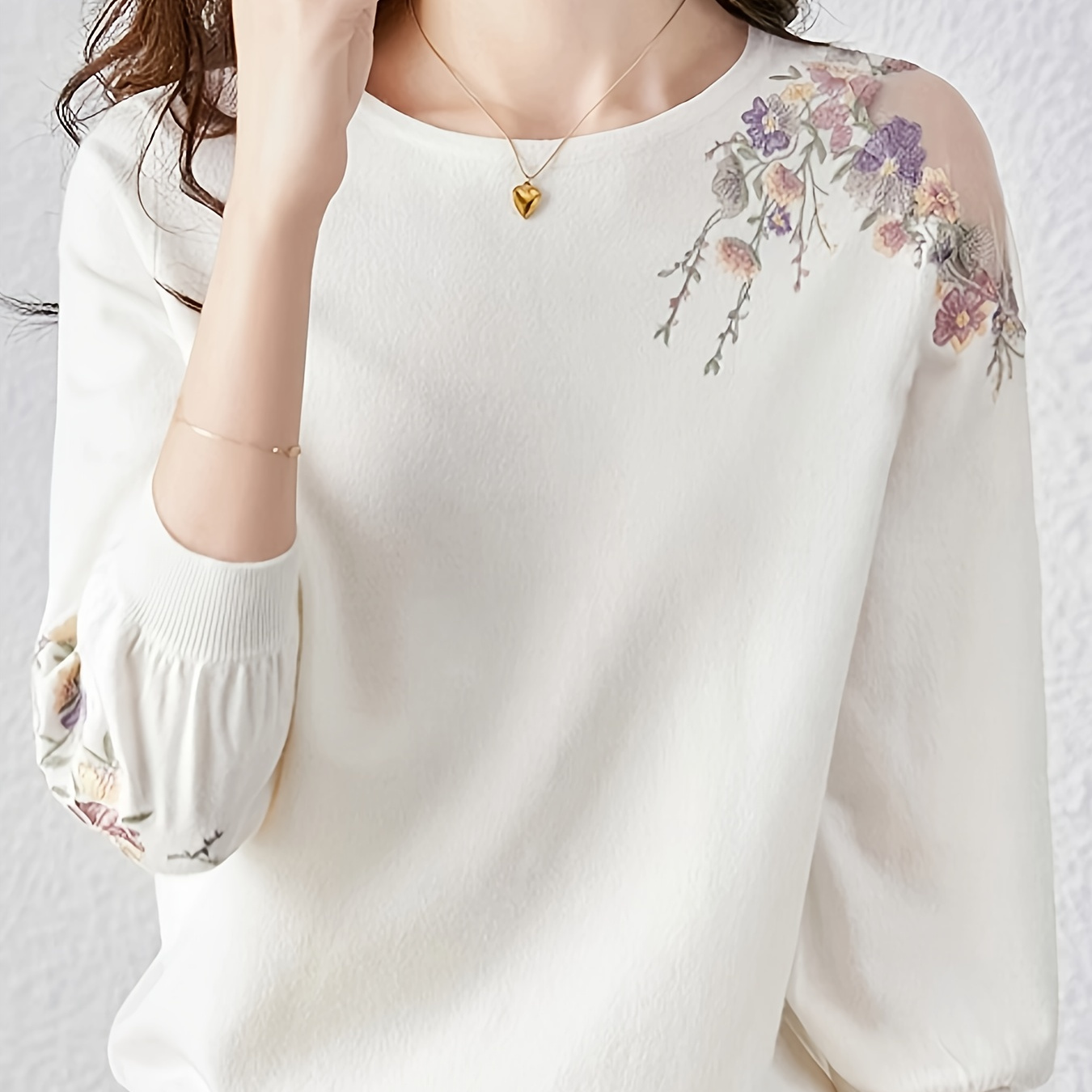 

Chic Embroidered Knit Sweater For Women - Casual , Crew Neck, Long Sleeve, Machine Washable - Polyester