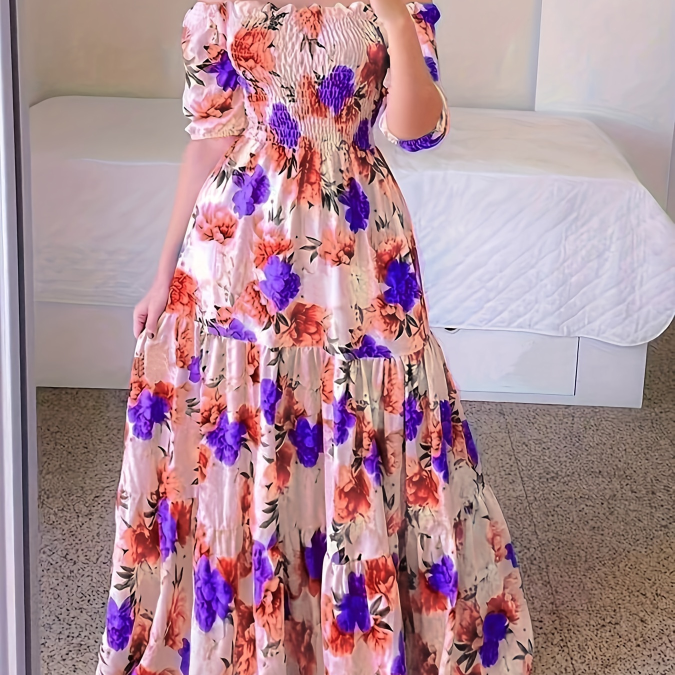 

Robe en polyester avec imprimé floral, col en V, manches courtes, toutes , imprimé aléatoire, style aléatoire, mode femme adulte.