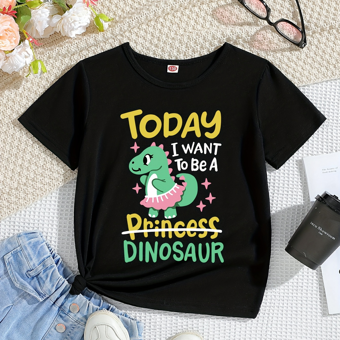 

Girl's Stylish Cartoon Dinosaur Print Creative T-shirt, Soft & Elastic Comfy Crew Neck Short Sleeve Tee, Girl's Summer Top