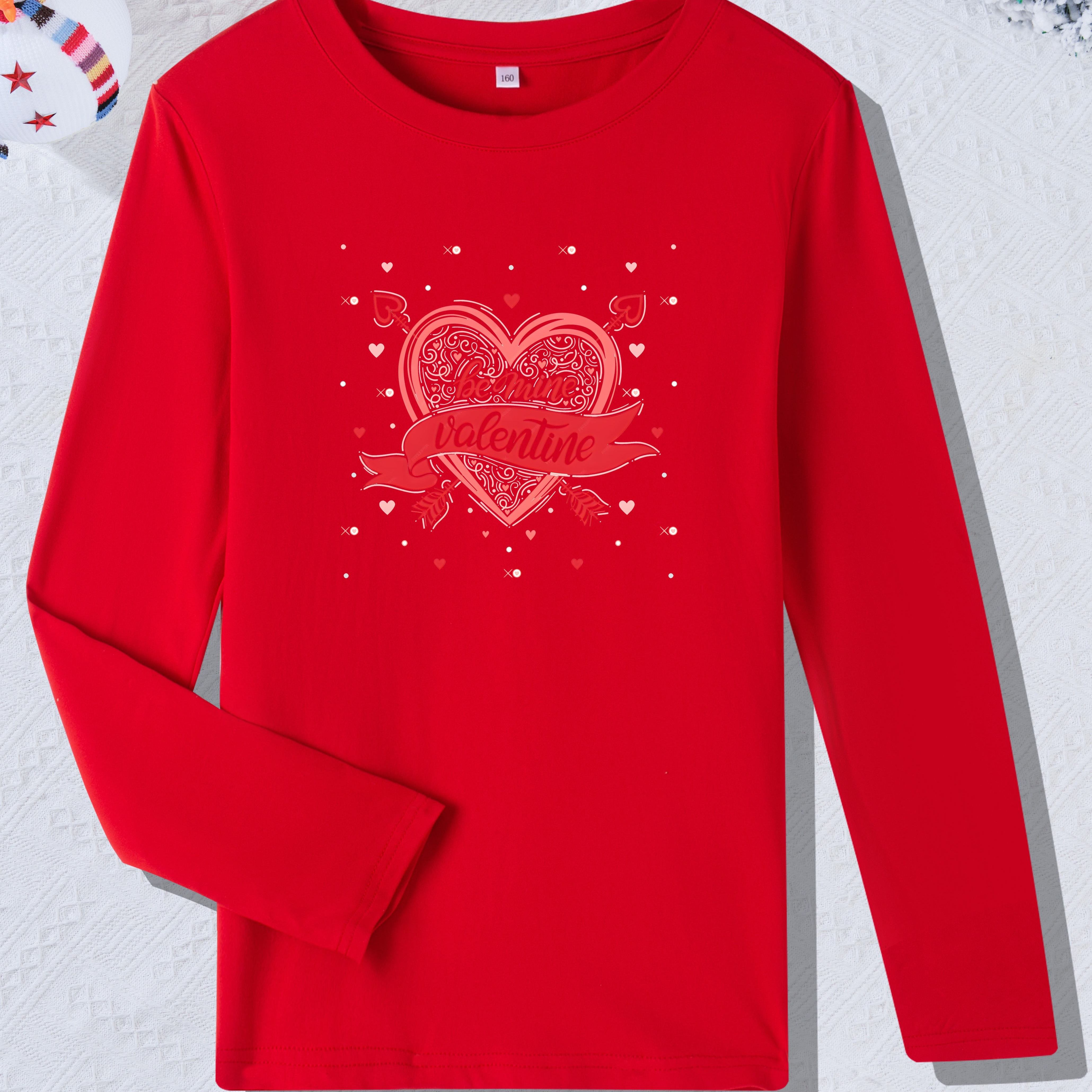 

Happy Valentine's Day Heart Print Girls Fashion Long Sleeve Shirts, Casual Comfortable And Skin Friendly Bottoming Shirts, Casual Graphic Tops For Girls