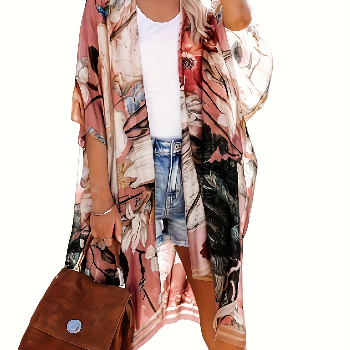 

Floral Print Half Kimono Sleeve Cover Up, Comfy Loose Open Front Cardigan Beachwear, Stylish Vacation Style, Women's Swimwear & Clothing