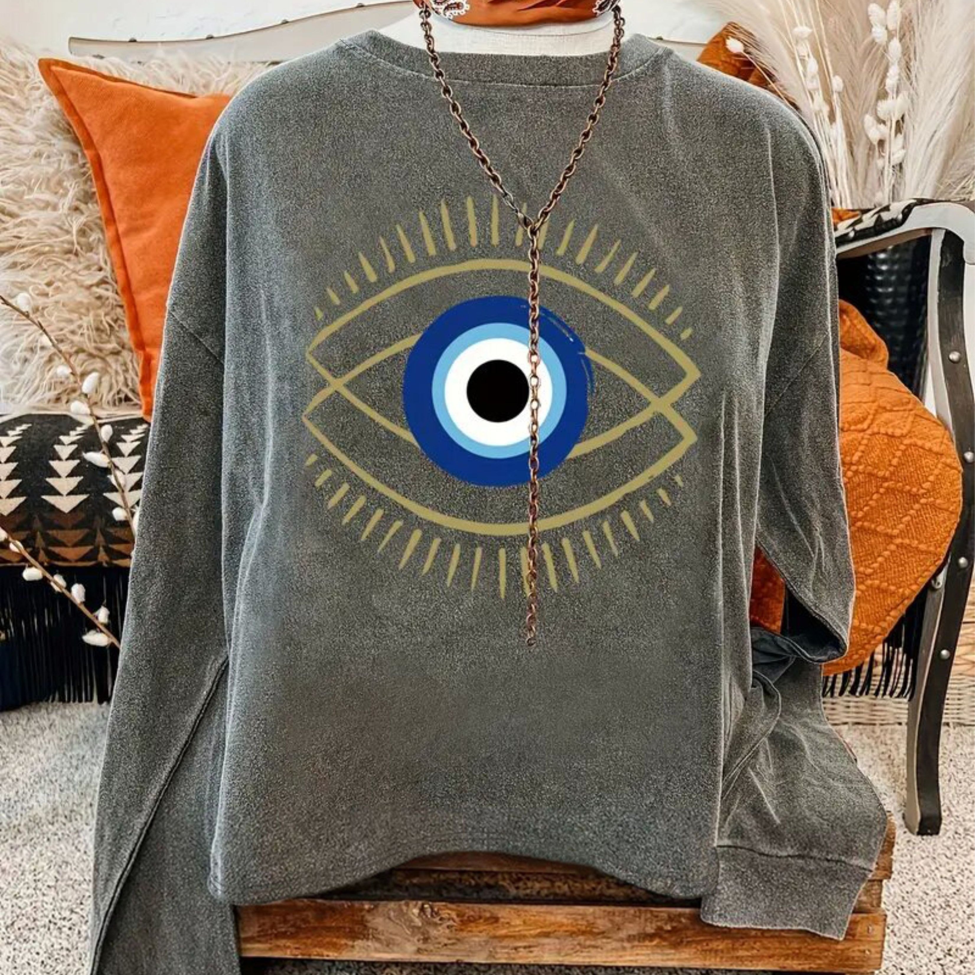 

Eye Graphic Print Long Sleeve Crew Neck Casual Sweatshirt 100% Polyester Knit Fabric For All Seasons