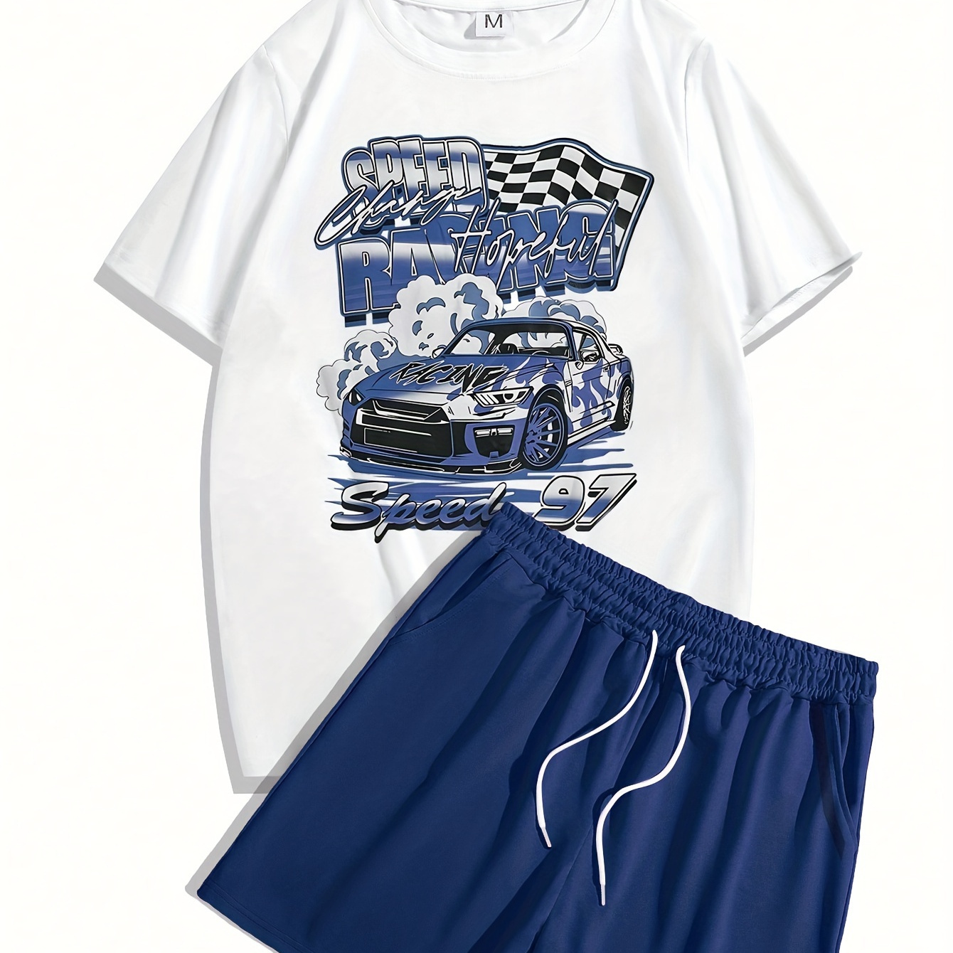 

Car Print Men's Short Sleeve T-shirt & Drawstring Shorts 2pcs Casual Sports Regular Tee Top Pants Co Ord Set For Spring Summer, As Gifts