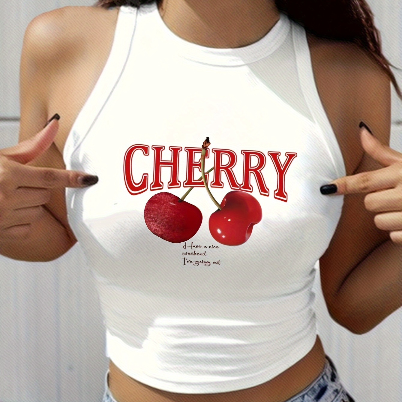 

Cherry Print Crew Neck Tank Top, Casual Sleeveless Crop Tank Top For Summer, Women's Clothing