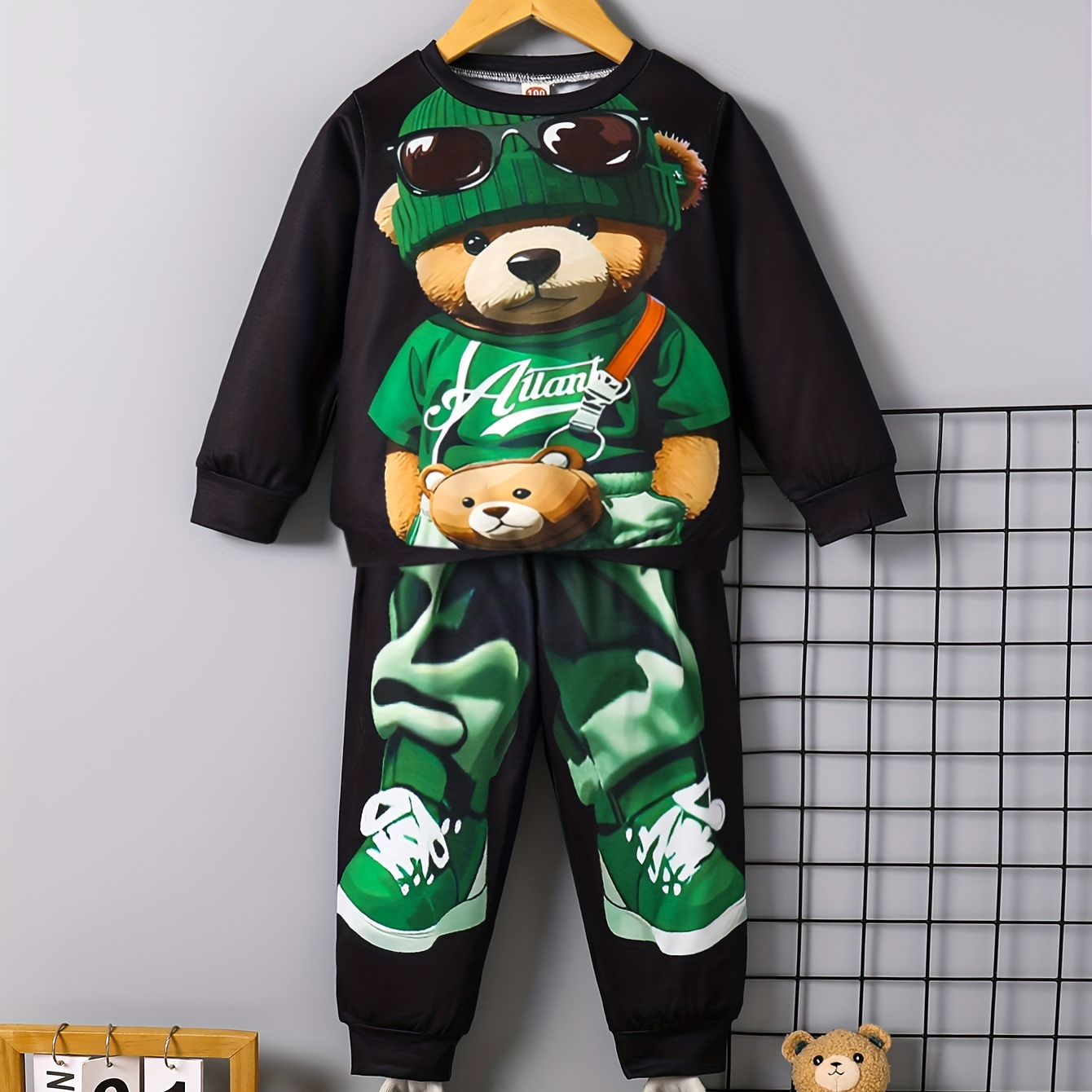 

Boy's 2-piece Casual Co Ord Set, Cool Cartoon Bear Pattern Long Sleeve Sweatshirt And Jogger Pants, Comfy Spring Fall Clothes
