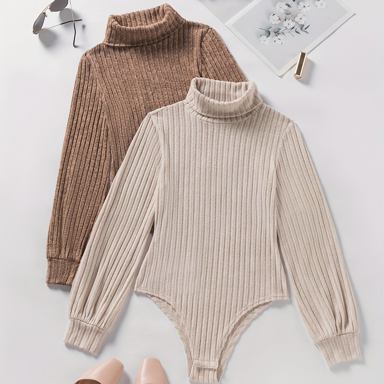 

2pcs Solid Color Long Sleeve Bodysuit, Casual Turtle Neck Slim Bodysuit For Spring & Fall, Women's Clothing