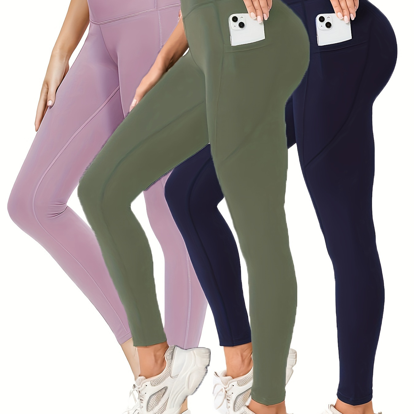 

3pcs Solid Color Yoga Trousers, Slimming Shaping Leggings With Pockets And Tummy Control Butt Lifting Function, High Waist Yoga Leggings