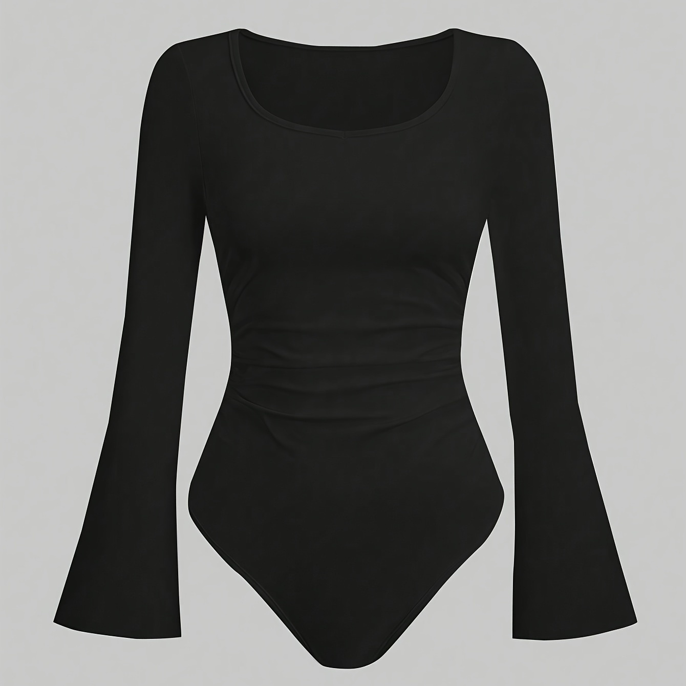 

[elegant Style] Elegant Women's Long Sleeve Bodysuit For Fall/winter - Black, Neckline, Bell-sleeve Design, Stretchy Polyester & Spandex , Machine Washable, Bodysuit Long Sleeve