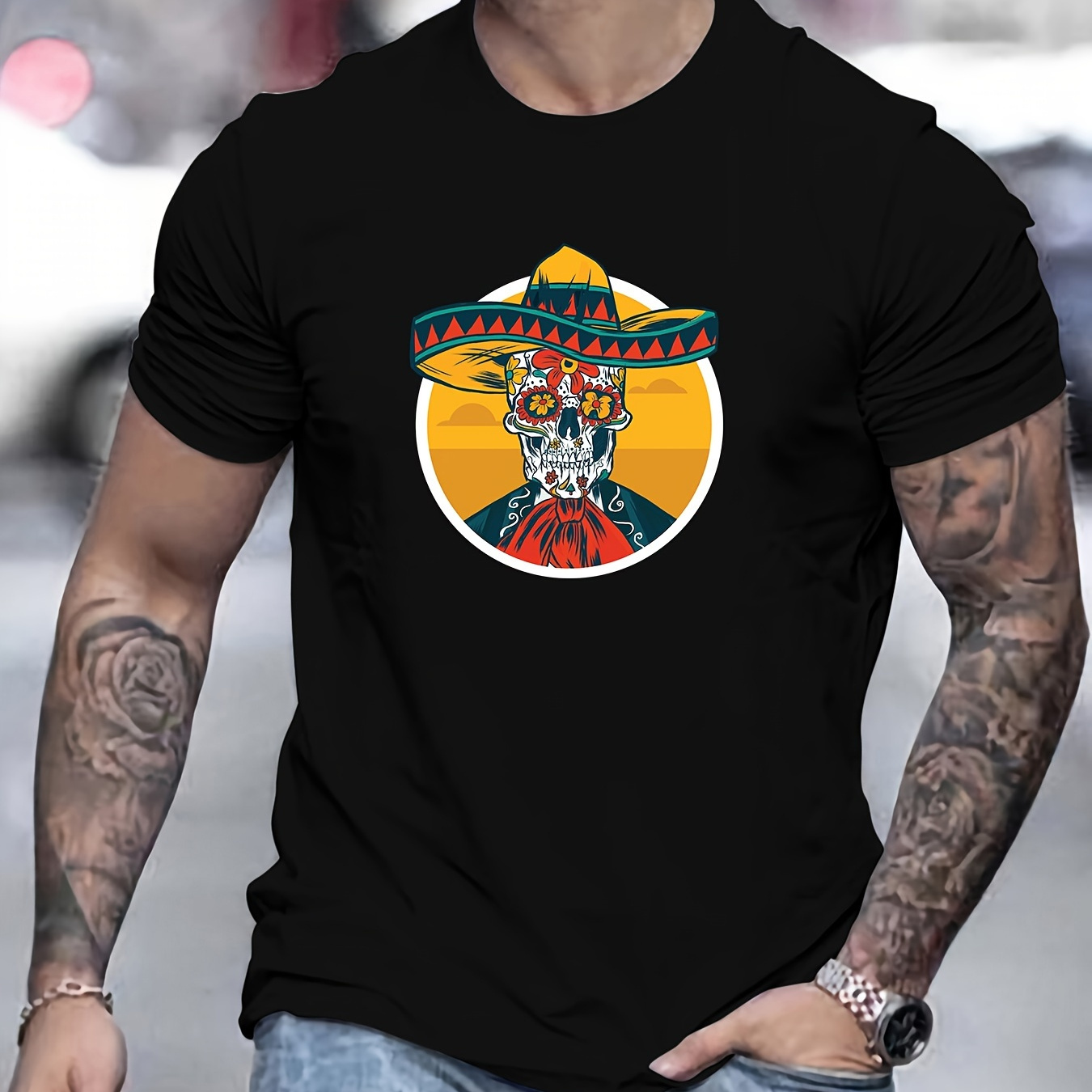

Mexican Style Skull Print T Shirt, Tees For Men, Casual Short Sleeve T-shirt For Summer