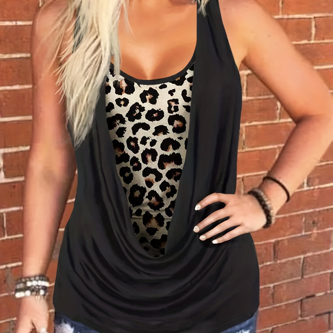 

Plus Size Casual Tank Top, Women's Plus Colorblock Leopard Ruched Round Neck Medium Stretch Tank Top