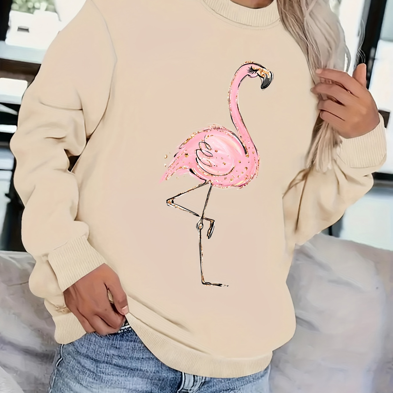 

Women's Plus Size Casual Sweatshirt With Flamingo Print - Cozy Polyester Blend, Round Neck Pullover For Fall/winter