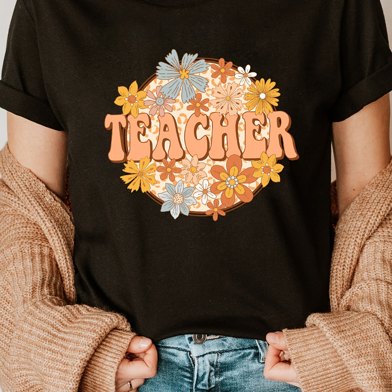 

Teacher Print Crew Neck T-shirt, Short Sleeve Casual Top For Summer & Spring, Women's Clothing