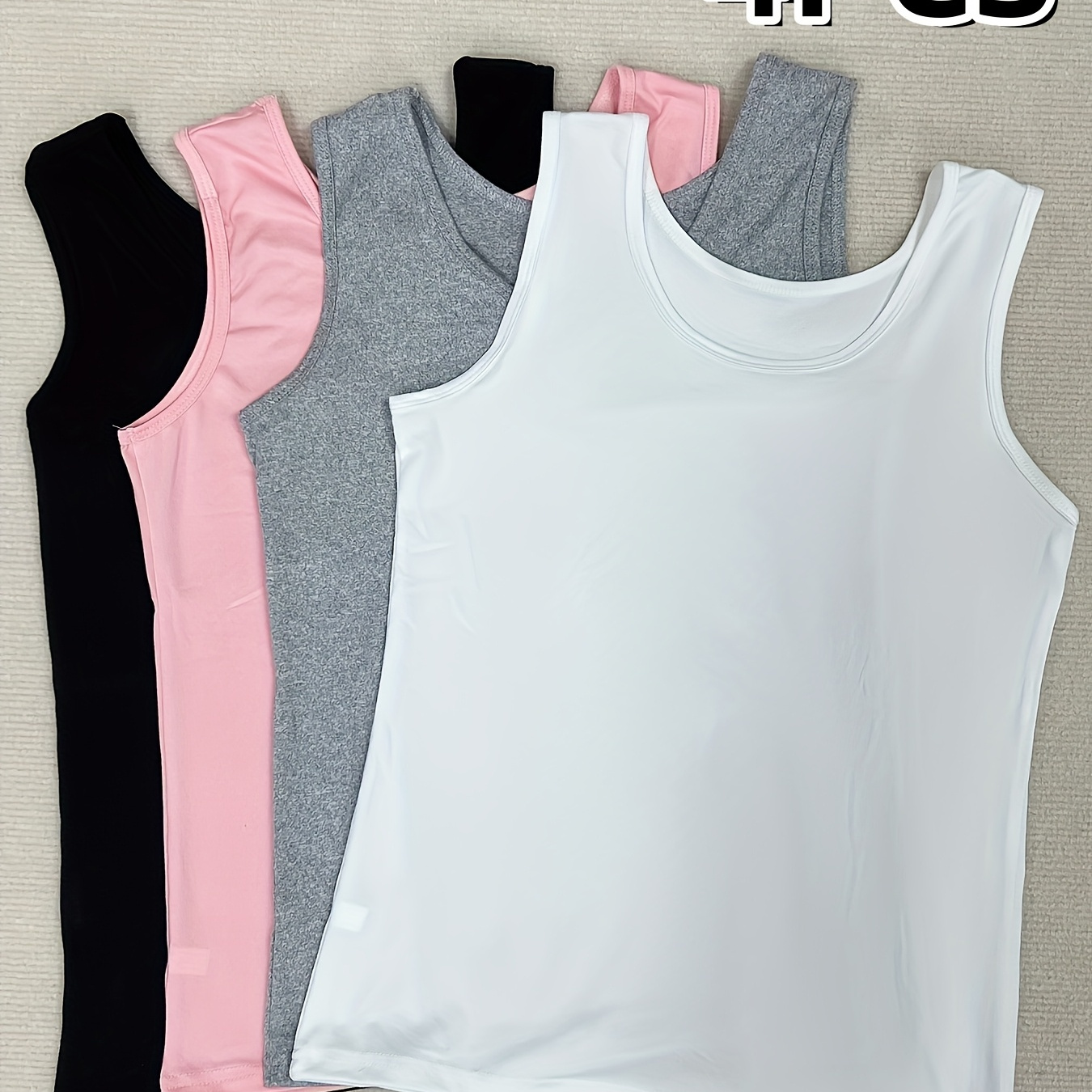 

4pcs Débardeurs Décontractés pour Femmes, Camisoles en Tissu Tricoté de Couleur Unie, Polyamide 92% Spandex 8%, Rembourrage, Gilets Polyvalents pour Printemps/Été