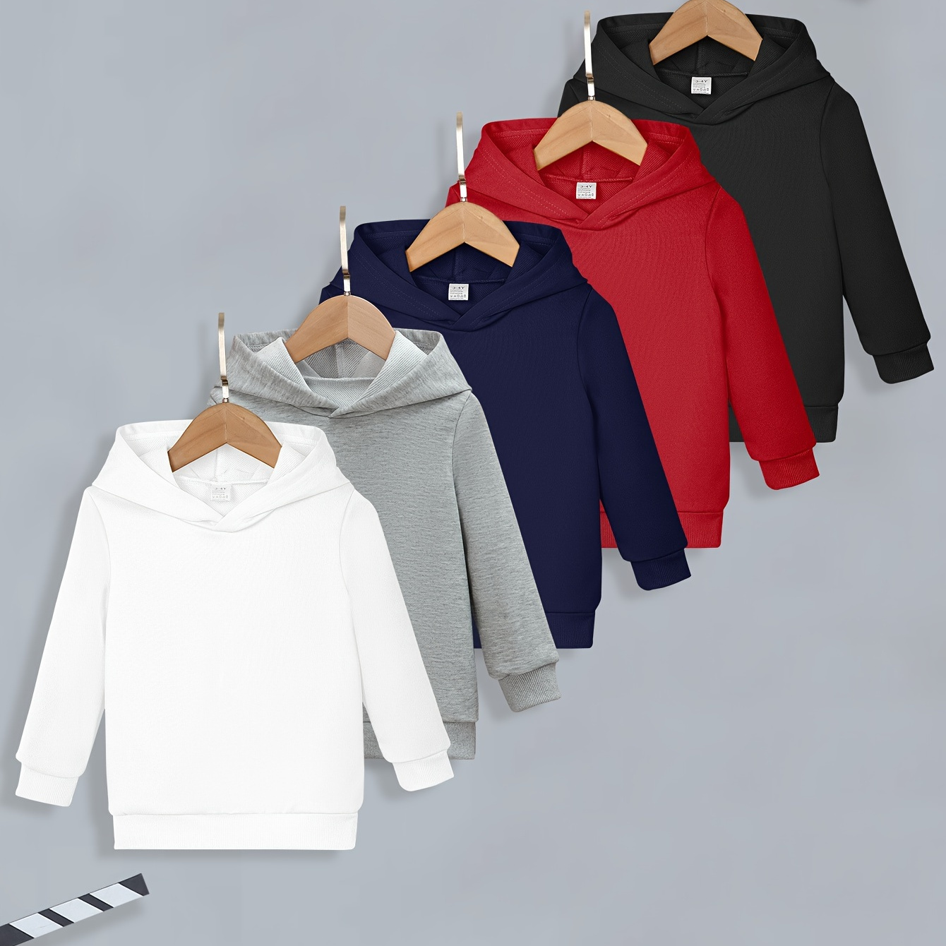 

5pcs Boys' Solid Color Hoodies - Cozy Knit Pullover Sweatshirts For Casual Wear, Machine Washable