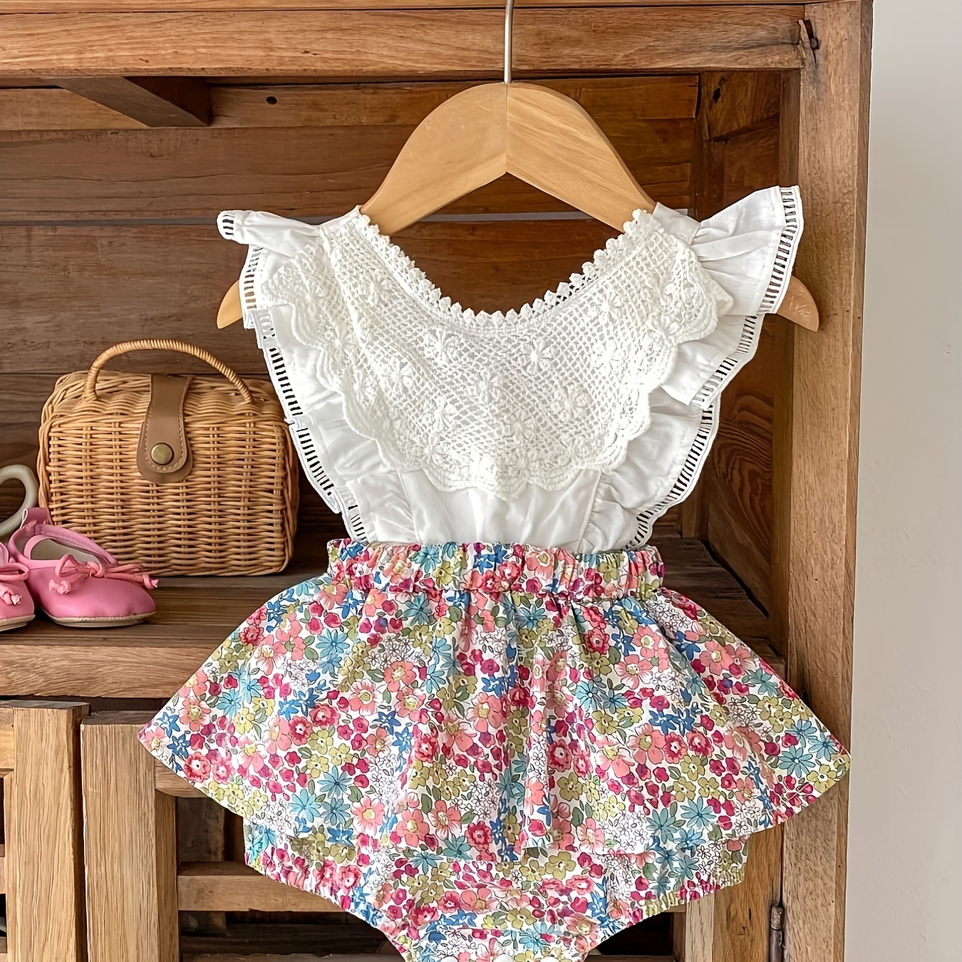 

Infant & Toddler Girls Cotton Romper Lace Sleeveless Faux Two-piece Splicing Triangle Onesie