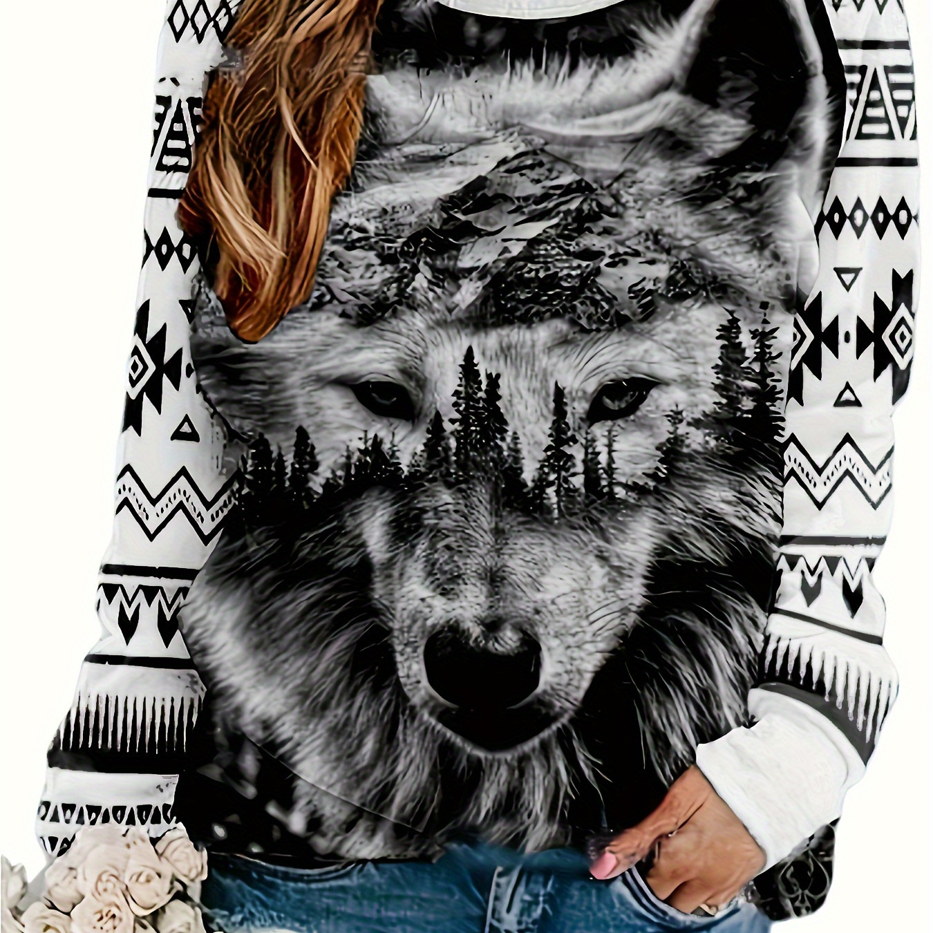 

Wolf & Geo Print Sweatshirt, Casual Crew Neck Long Sleeve Sweatshirt, Women's Clothing