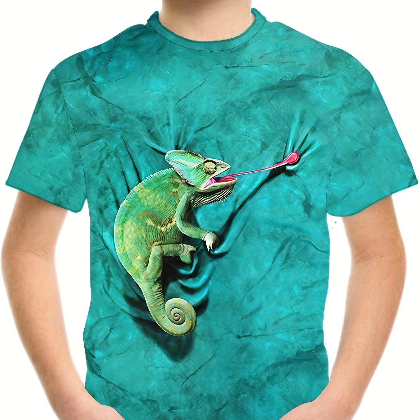 

Chameleon 3d Print Crew Neck T-shirt, Casual Short Sleeve T-shirt For Spring & Summer, Boy's Clothing