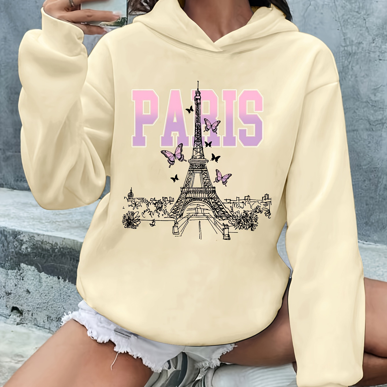 

Chic Parisian-inspired Hoodie For Women - & Butterfly Print, Casual Long Sleeve With Kangaroo Pocket, Polyester , Machine Washable - Fall/spring, French Style, Women's Fashion, Hoodie, ,