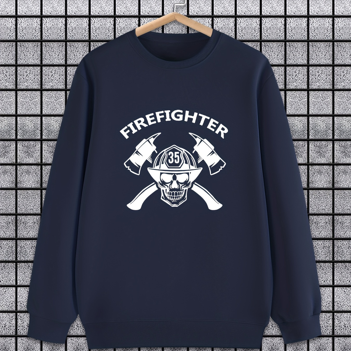 

Firefighter Skull And Axe Design Men's Sweatshirt - Geometric Pattern, Long Sleeve, Regular Fit, Polyester Blend, Round Neckline