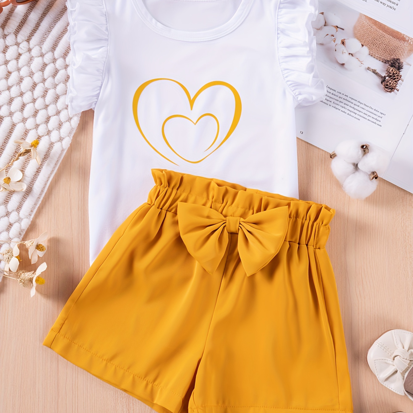 

2pcs Toddler's Heart Print Casual Set, Cap Sleeve Top & Bowknot Decor Shorts, Baby Girl's Clothes