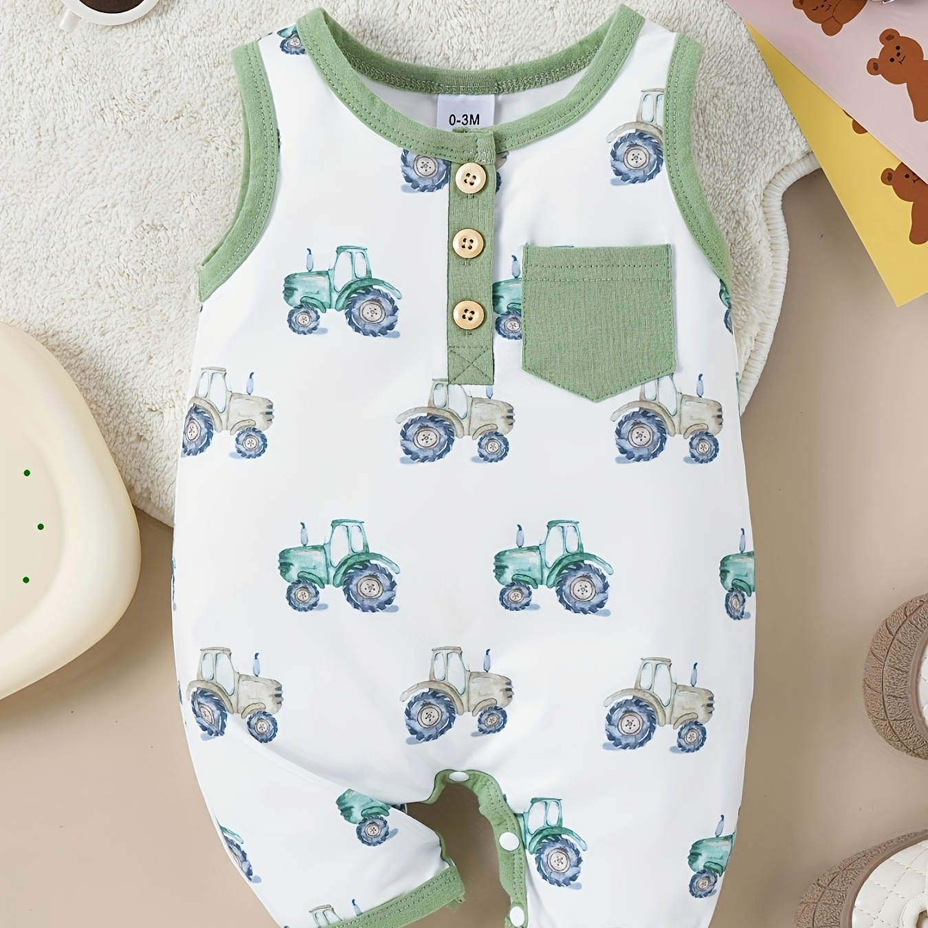 

Baby's Watercolor Tractor Pattern Casual Bodysuit, Pocket Patched Sleeveless Romper, Toddler & Infant Girl's Onesie For Summer, As Gift