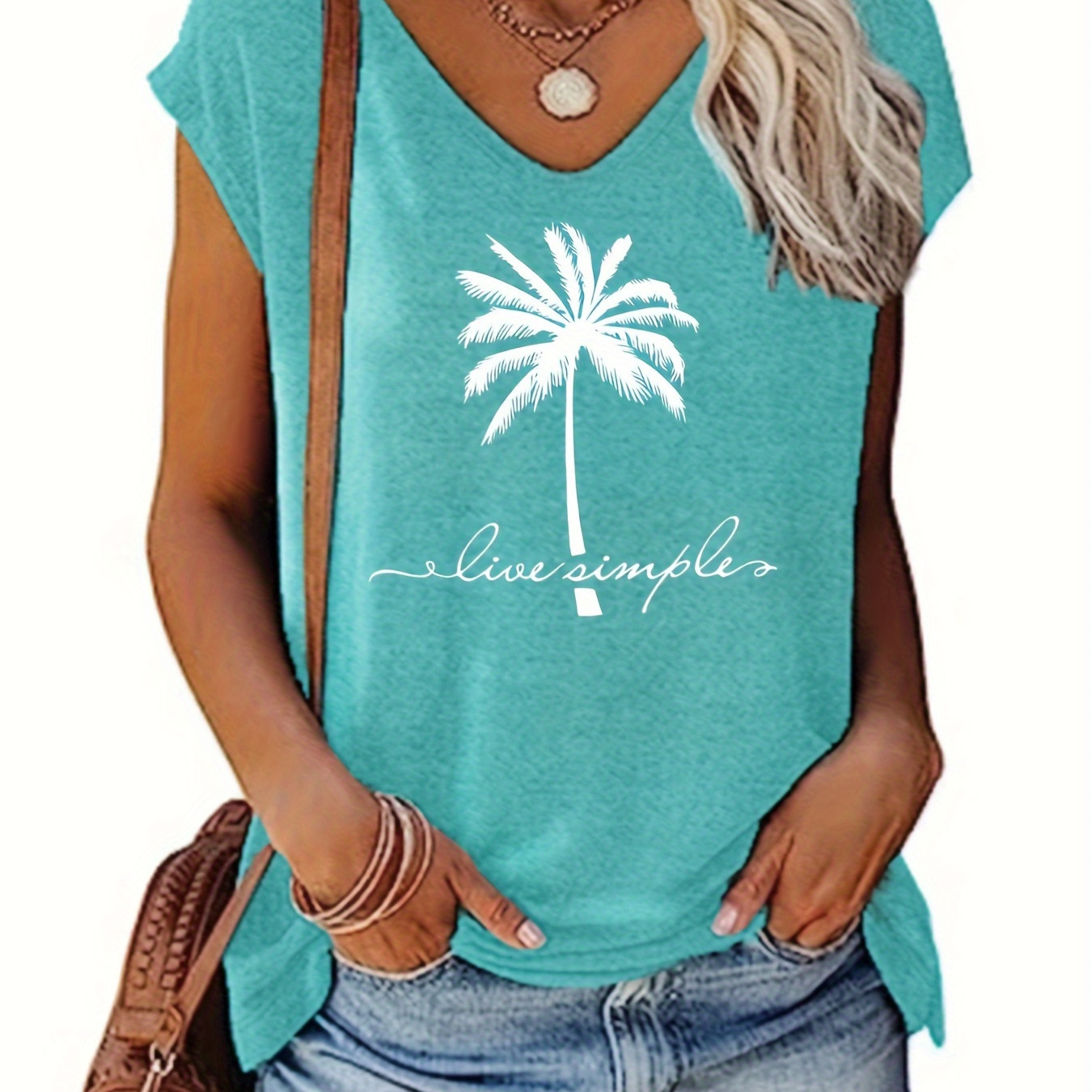 

Coconut Tree Print V-neck Tank Top, Casual Sleeveless Top For Summer & Spring, Women's Clothing