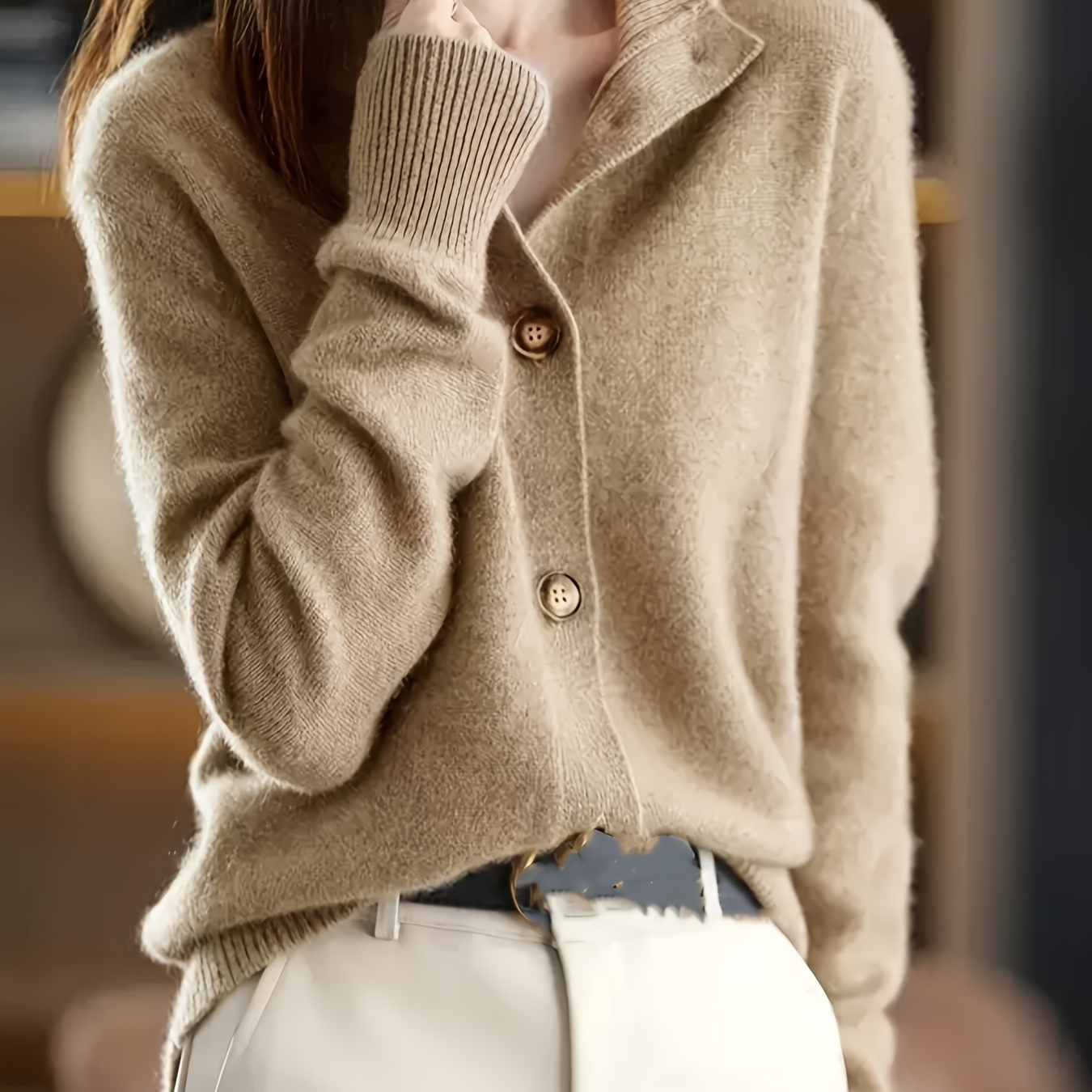 

Women's Elegant Acrylic Knit Cardigan, Stand Collar Solid Color Sweater With Buttons, 45% Acrylic 29% Polyester 26% Polyamide, Fall/winter Warm Knitwear