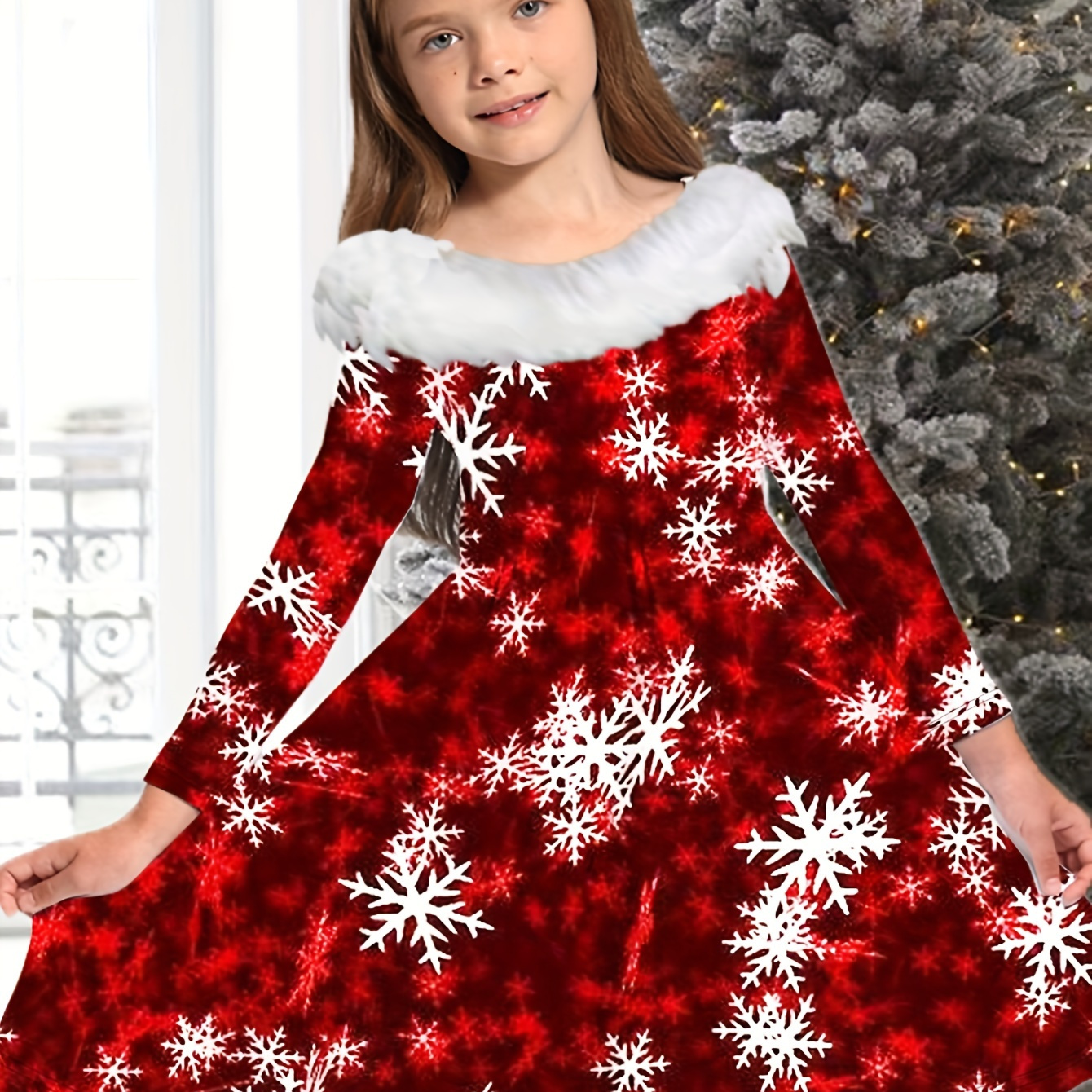 

Elegant Snowflake Graphic Crew Neck Long Sleeve Dress Girls Christmas Dresses Spring Fall Gift