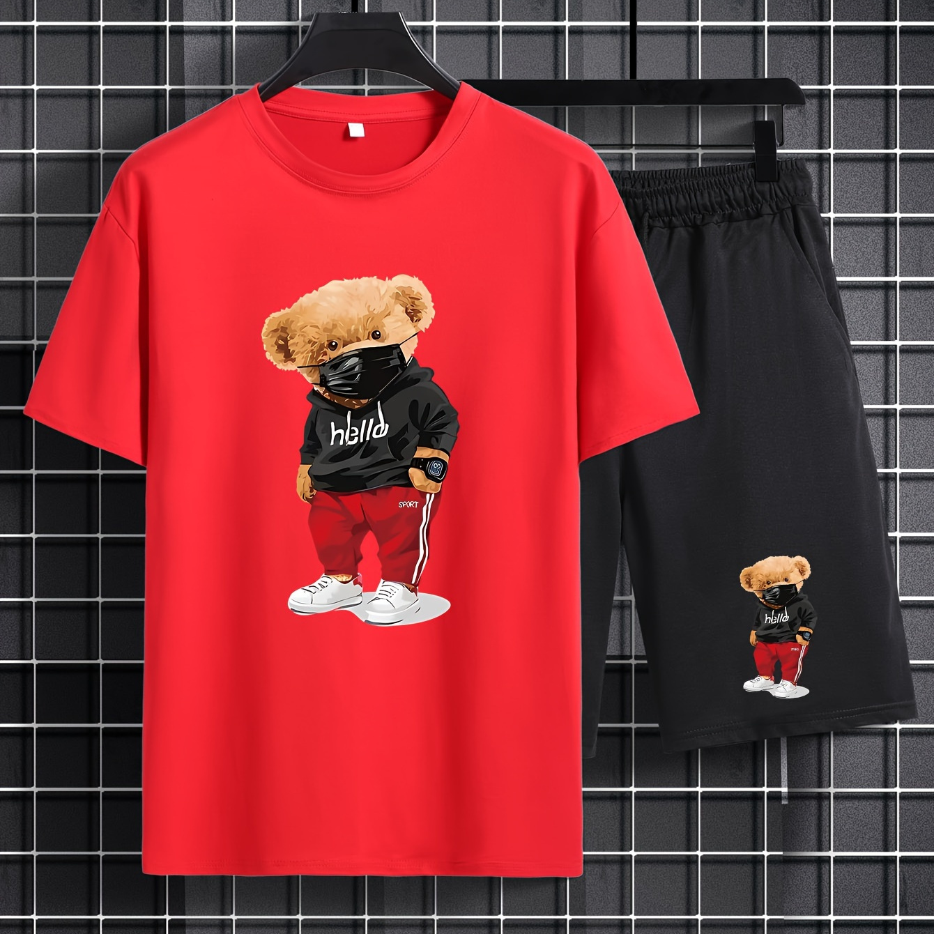 

Plus Size Men's Cool Cartoon Bear Graphic Print T-shirt & Shorts Set For Summer, Men's Clothing