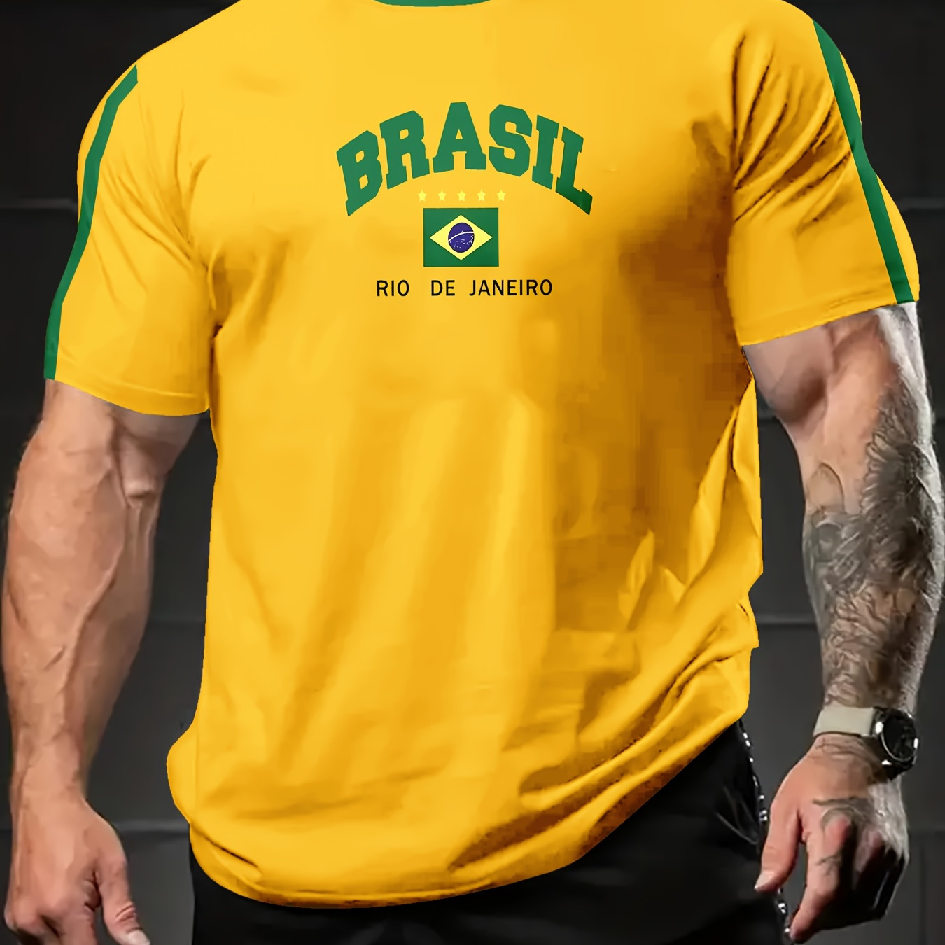 

Men's Summer Fashion Tee - "brasil" & Rio De Print, Comfortable Casual Short Sleeve T-shirt With Stripes, Polyester, Machine Washable