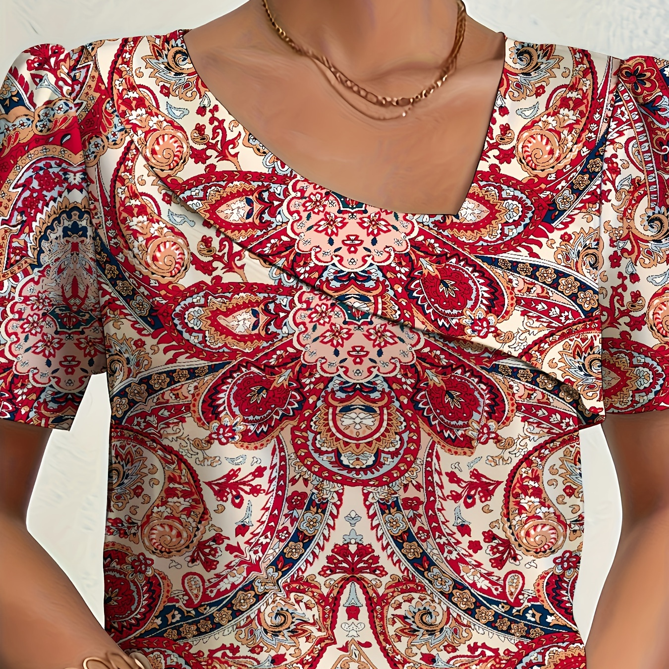 

Women's Elegant V-neck Top, Polyester 100% Woven Fabric, Motif Print, Short Sleeve Summer Tops For Adult, 110g/m² - Spring/summer/fall Collection