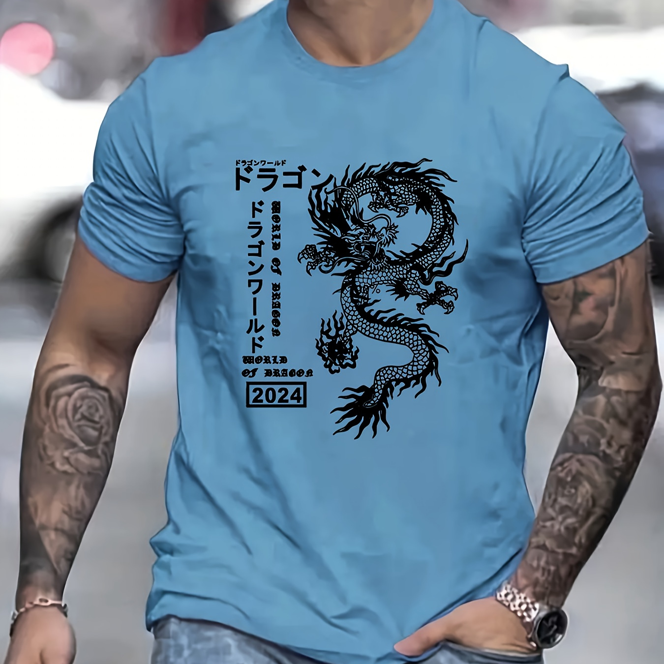 

T-shirt Imprimé Dragon Et Personnages Japonais, T-shirts Pour Hommes, T-shirt Décontracté À Manches Courtes Pour L'été
