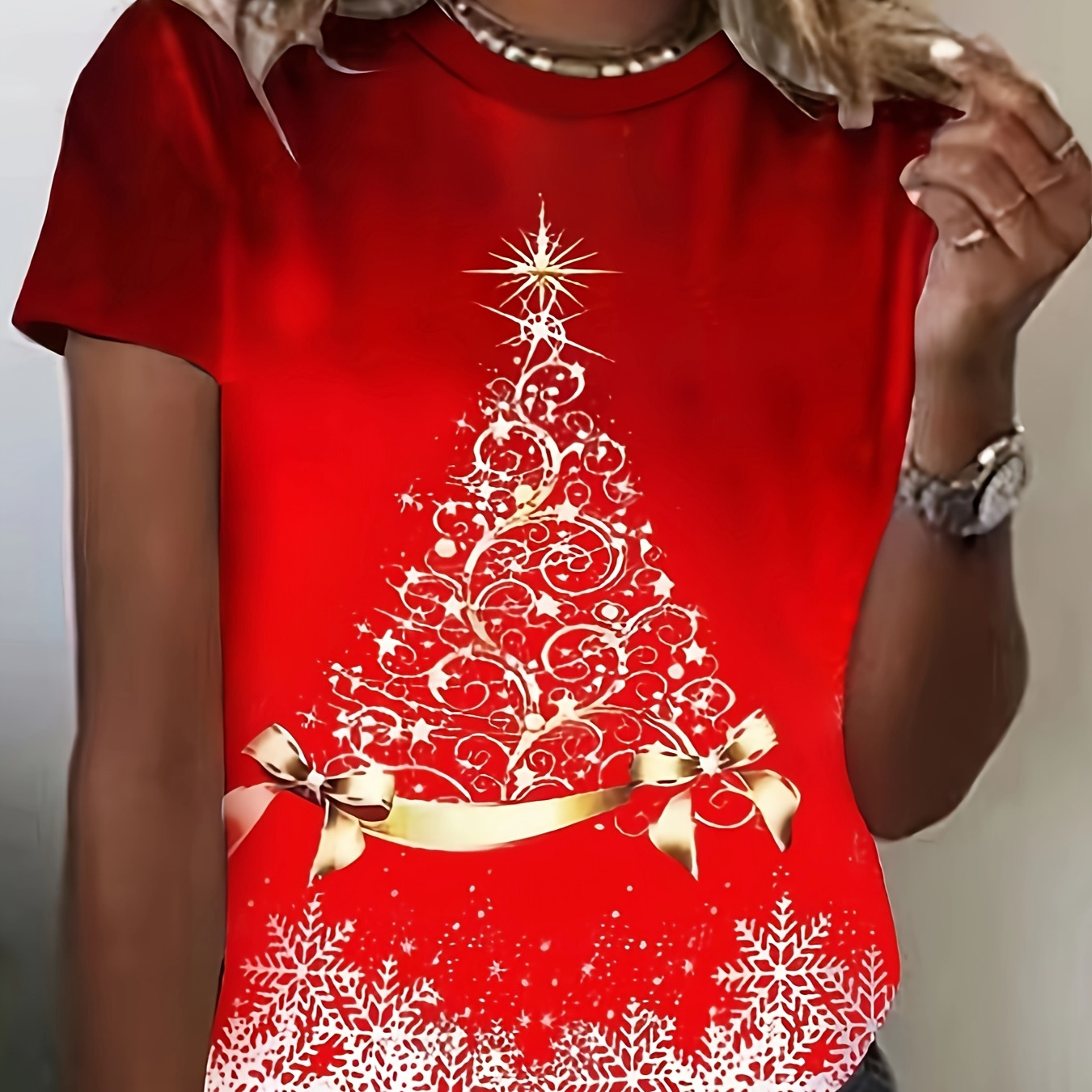 

Red Christmas Tree Print T-shirt For Women - Casual Crew Neck, Polyester With Medium Stretch, Short Sleeve Pullover Top