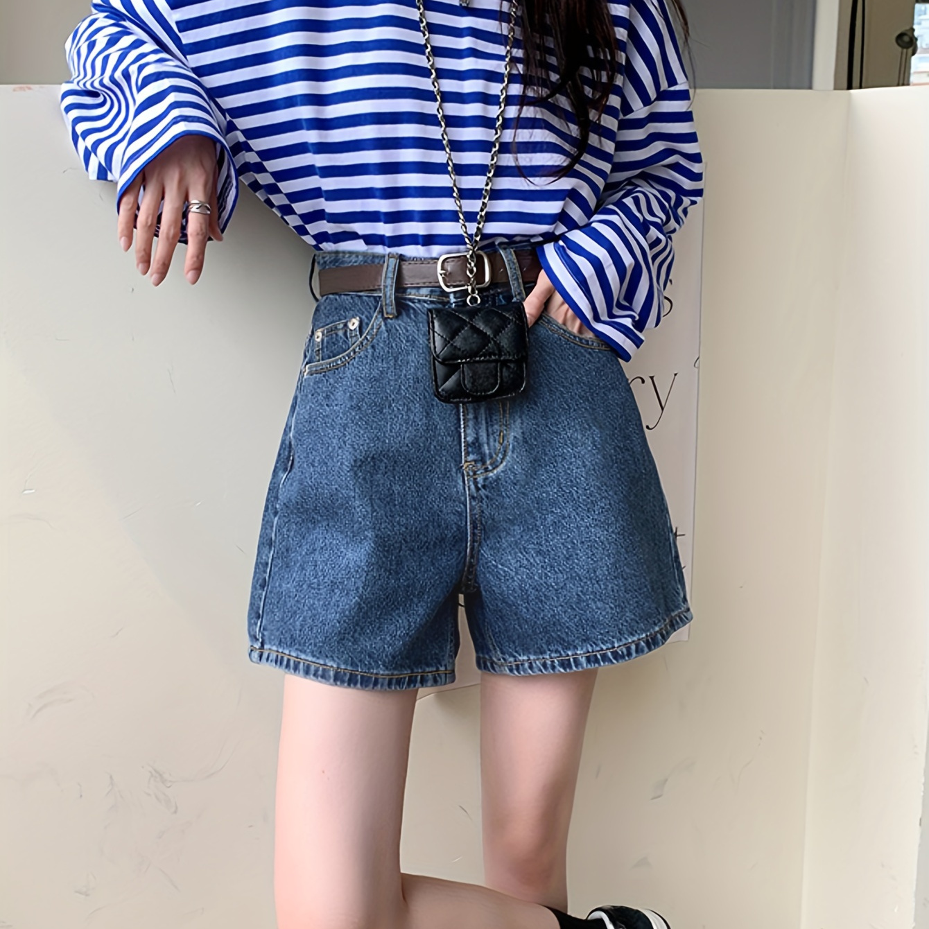 

High Waist Versatile Denim Shorts, Slash Pockets A-line Short Denim Pants, Women's Denim Jeans & Clothing